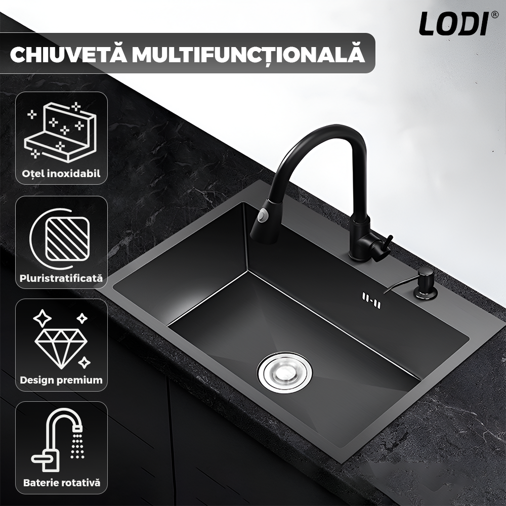 Chiuveta Multifunctionala pentru Bucatarie Lodi1218, materiale premium, baterie extensibila cu furtun de 60 de cm, rotire 360°, dozator de sapun inclus, scurgator de vase detasabil, adanca, usor de montat, negru mat