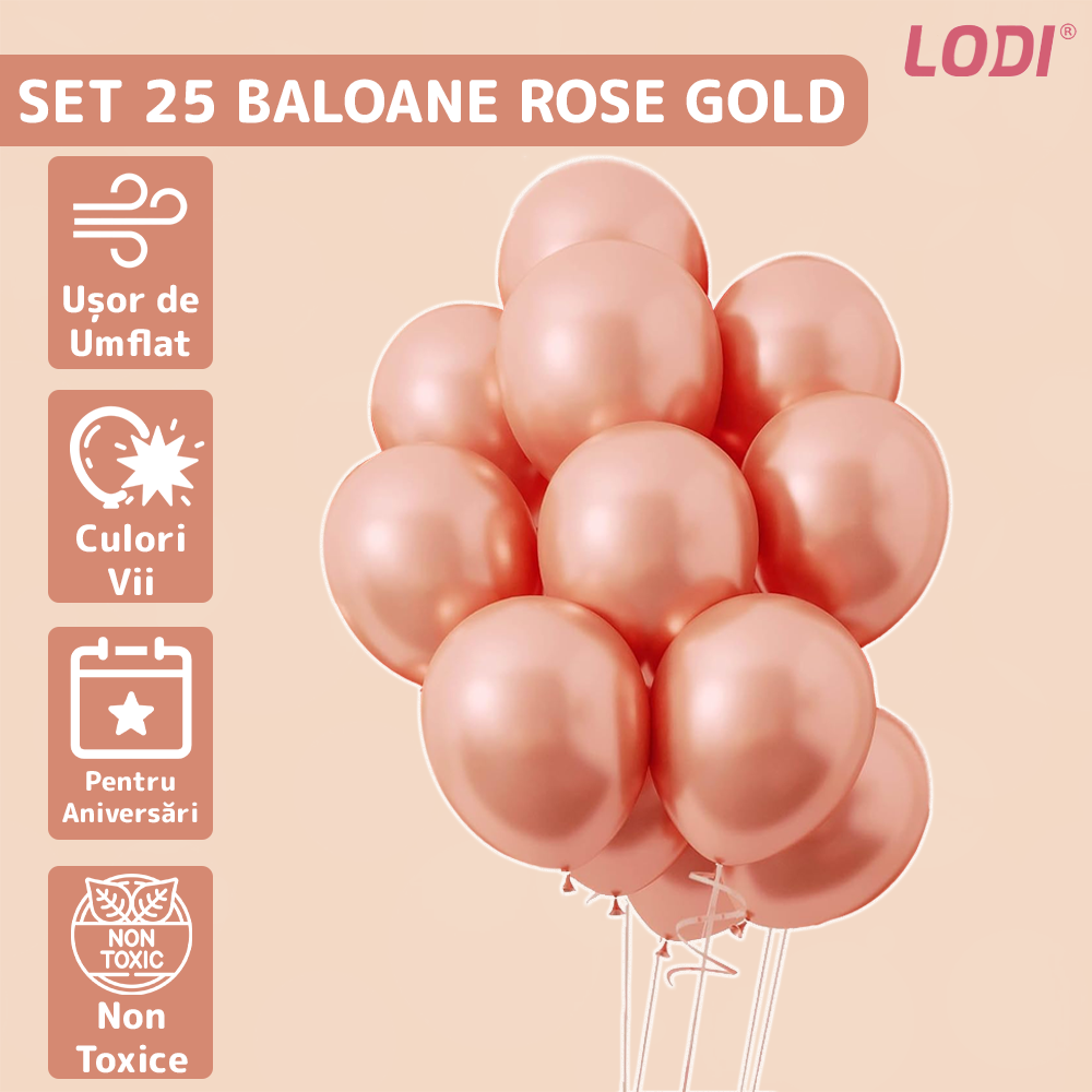 Set 25 Baloane Lodi773, pentru Petreceri/Aniversari/Evenimente, o singura dimensiune, latex, rose gold