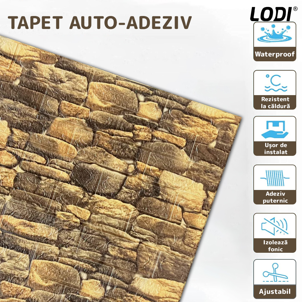 Set Tapet Caramida 3D Lodi245, Model Piatra Rotunda, suprafata acoperire 5.3 mp, autoadeziv, waterproof, usor de montat, design modern, 70x77 cm, maro