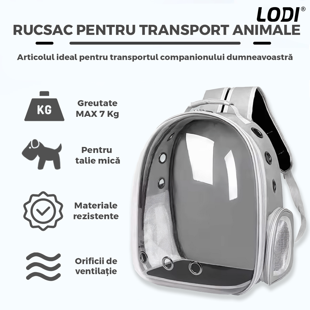 Rucsac Transport Animale Lodi1099, greutate Max 7kg, hublou panoramic transparent, buzunar lateral, 2 iesiri, pentru talie mica, gri