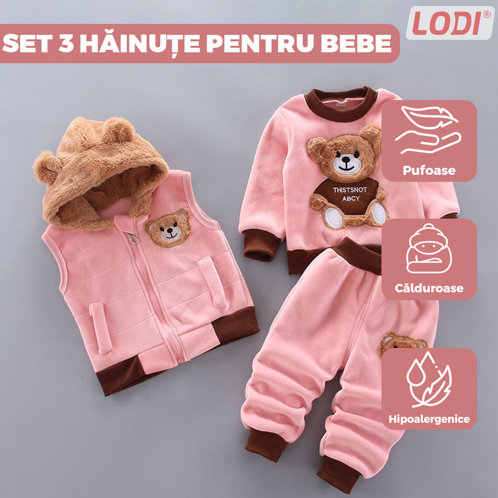 Compleu Copii din 3 Piese Lodi508, unisex, toamna-iarna, plus moale cu ursulet, bluza, pantaloni si vesta cu gluga pufoasa, 110 cm, roz
