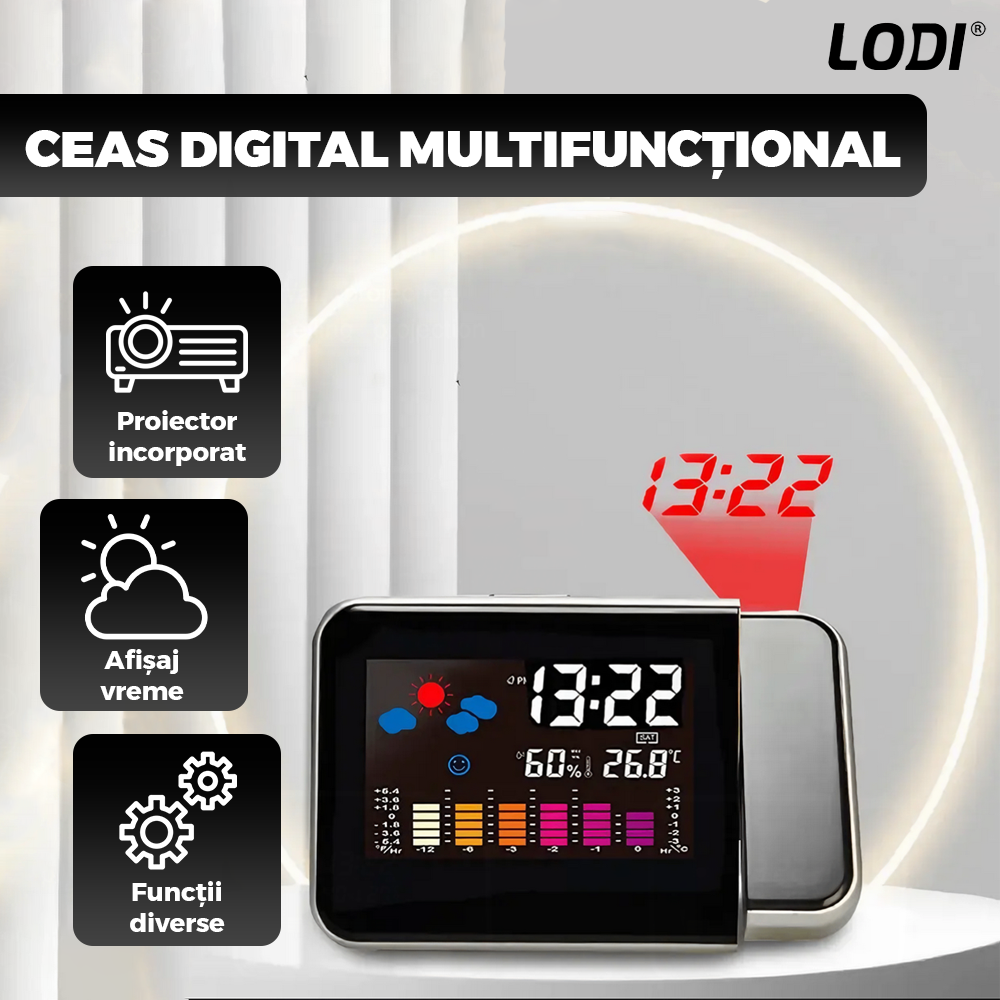 Ceas cu Proiector Multifunctional Lodi1499, statie meteo, higrometru, wireless, afisaj digital, proiector rotativ la 180°, predictie vreme 12 ore, 15 x 11 x 2.5 cm, negru