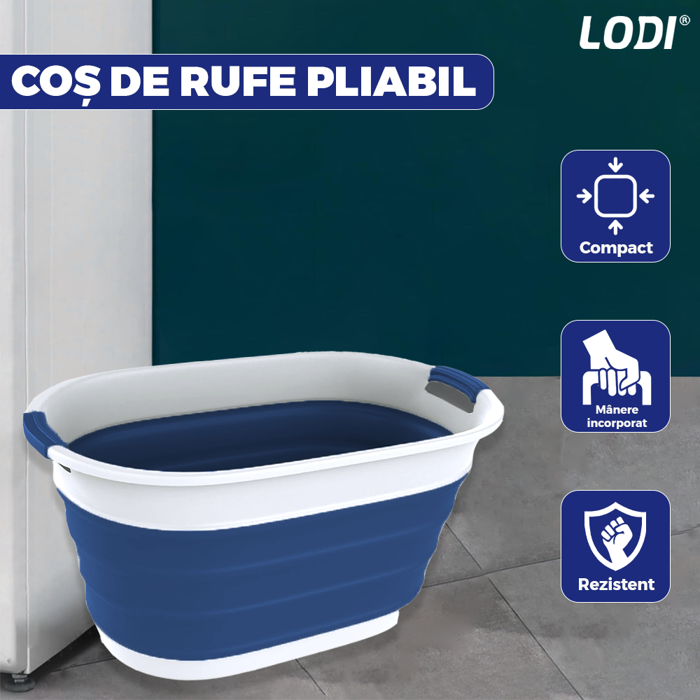 Cos de Rufe Pliabil Lodi944, organizare si depozitare, multifunctional, compact, 32 litri,32 litri, 62 x 45 x 27 cm, albastru