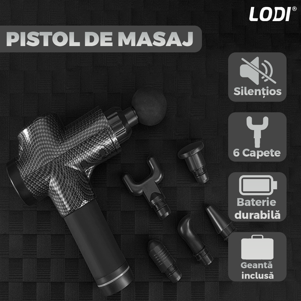 Aparat Profesional pentru Masaj tip Pistol Lodi675, 30 viteze, motor silentios fara perii, 3200 percutii, sistem racire, 2500mAh, 6 capete, incarcare rapida, geanta pentru depozitare, negru