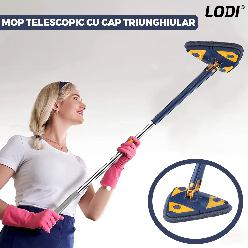 Mop cu Cap Triunghiular Lodi550, rotire 360 grade, telescopic, curatare usoara, 4 lavete incluse, 127 cm, albastru/galben deschis