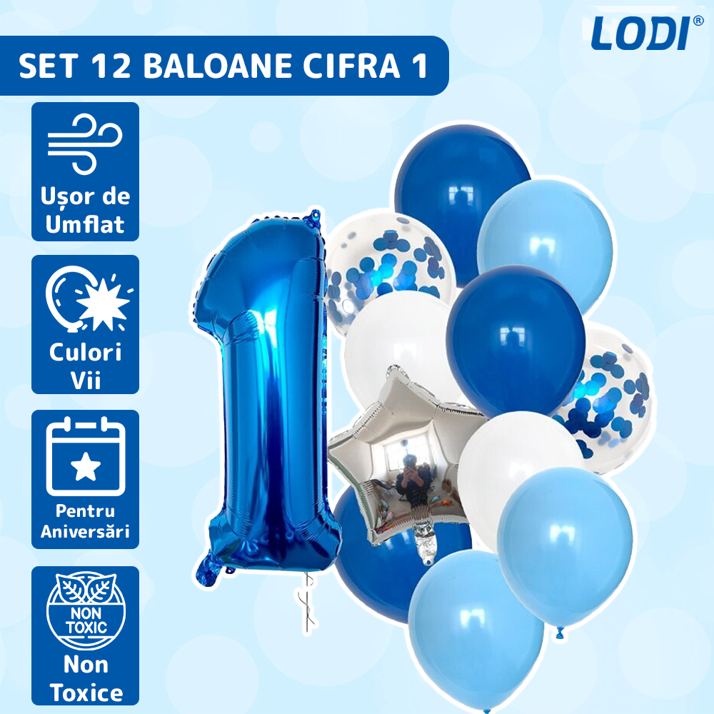 Set 12 Baloane Lodi1445, Cifra 1, pentru Petreceri/Aniversari/Evenimente, Stea/Rotunde/Confetti, 3 culori, latex, albastru