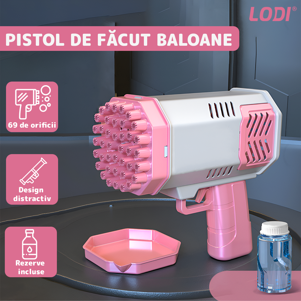 Pistol de Facut Baloane Bubble Gun Lodi1214, tip Bazooka, automat, 34 orificii pentru bule, alimentare cu baterii, roz/alb