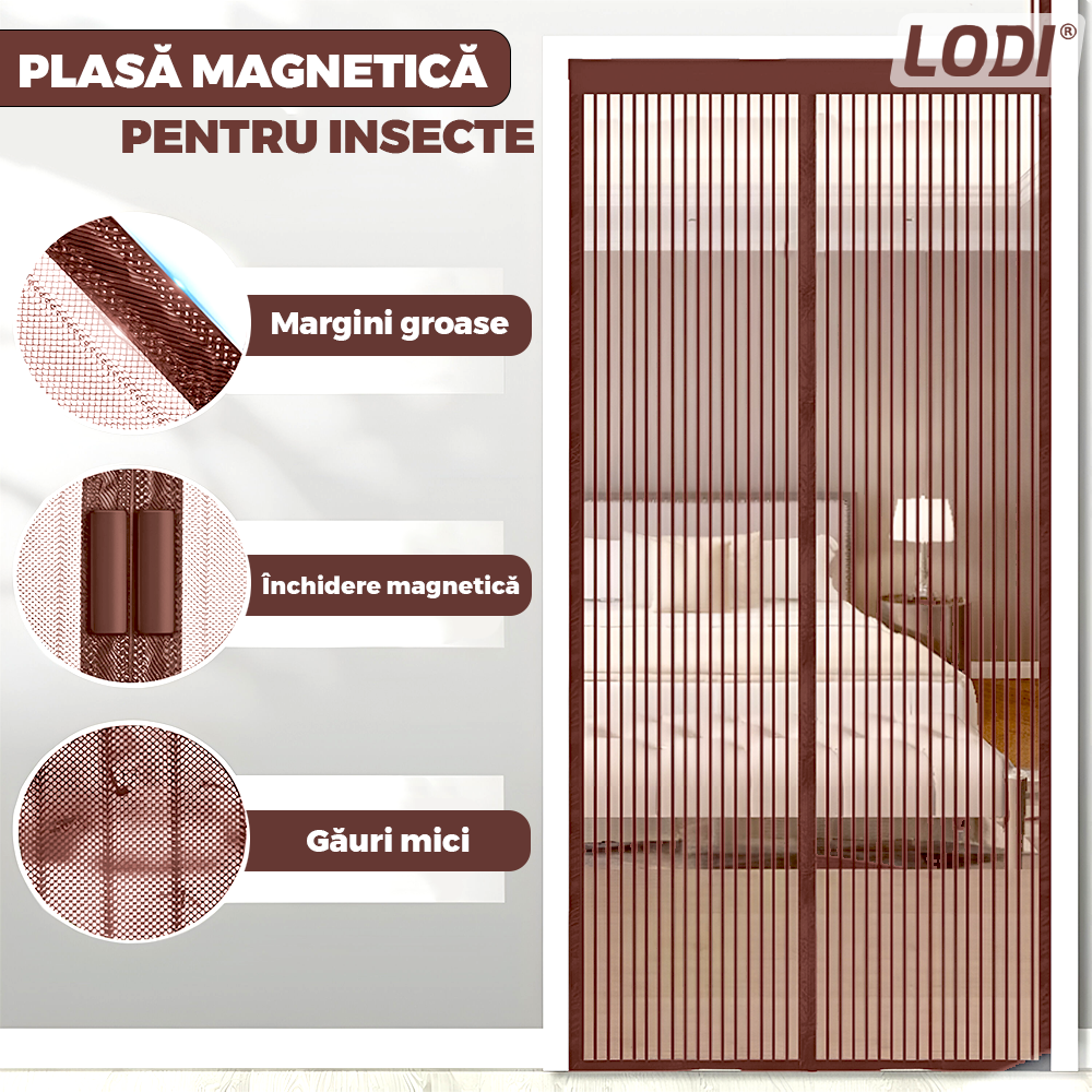 Plasa pentru Usa cu Inchidere Magnetica Lodi1200, anti-insecte, tanrari, muste, paianjeni, montare velcro, materiale calitative, rezistenta, 185x104 cm, maro