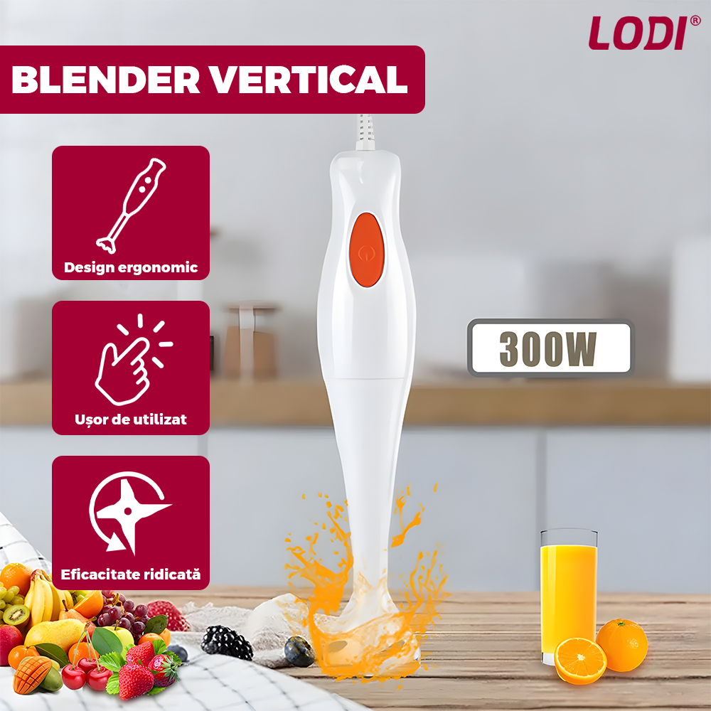 Mixer Vertical Lodi1514, viteza ridicata, lame de inox, turbo, cap detasabil pentru curatare, pentru smoothie/ piure, eficienta ridicata, 300 W, alb