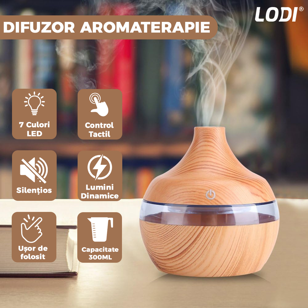 Difuzor Aromaterapie Lodi209, 7 culori LED, lumini dinamice, control tactil, capacitate 200ml, silentios, rezerva inclusa, umidifica aerul, stejar deschis