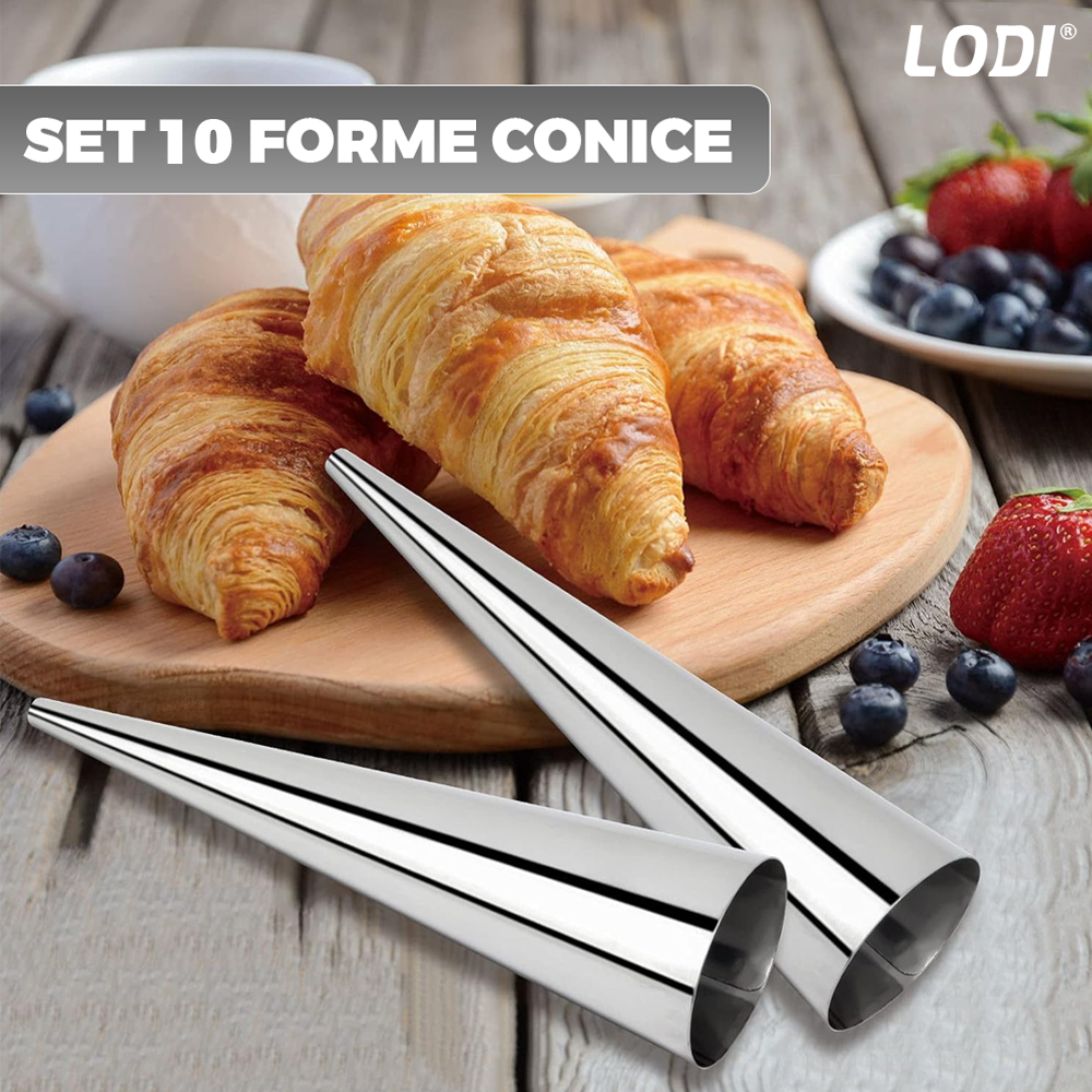 Set 10 Forme de Copt pentru Rulouri Lodi1282, conice, waterproof, otel inoxidabil, varf decupat, cornet inghetata/ cannoli/ cornulete, 12 cm, gri