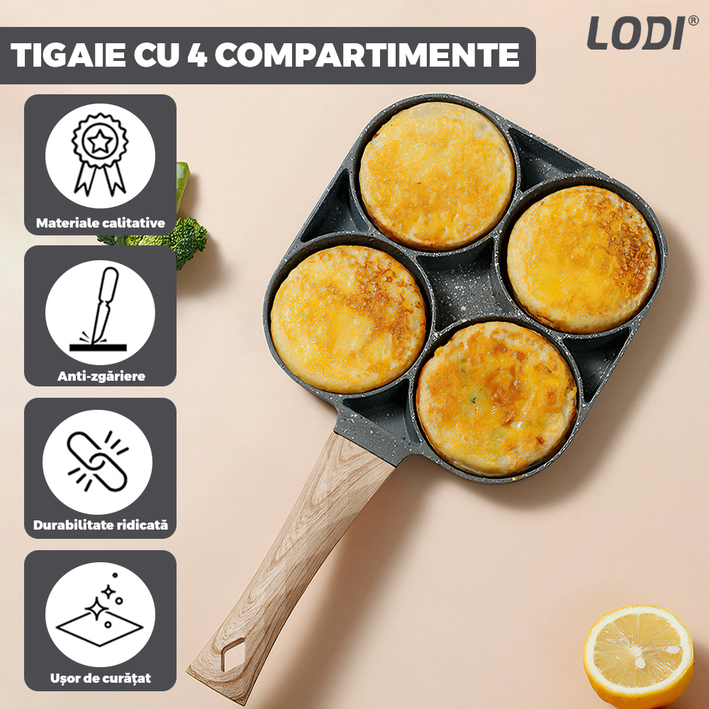 Tigaie Antiaderenta cu 4 Compartimente Lodi1072, aliaj din aluminiu, pluristratificta, maner din lemn, non-stick, usor de curatat, 32 cm, gri