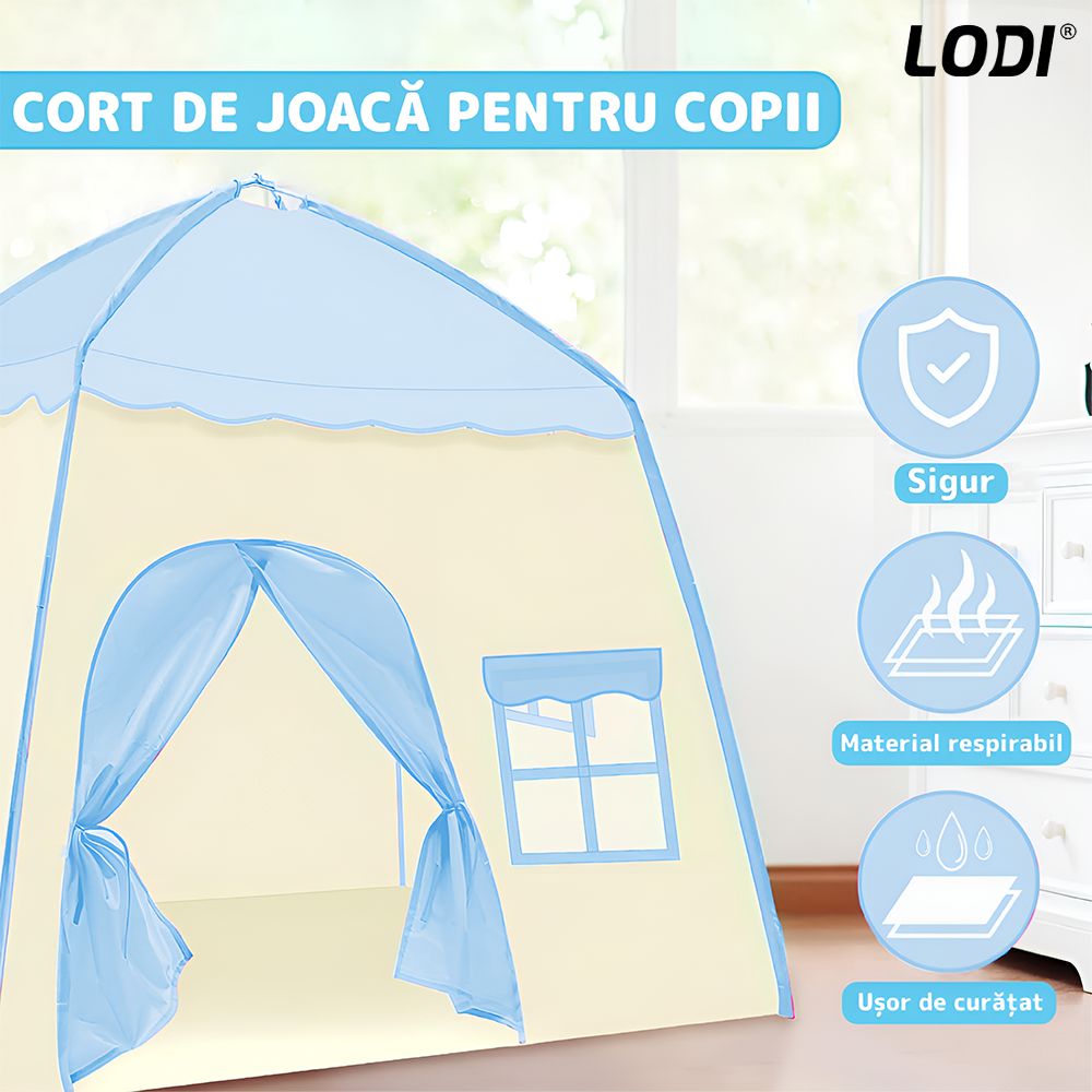 Cort de Joaca pentru Copii tip Casuta Lodi652, covoras inclus cu 2 fete, usa tip perdea, geamuri cu plasa, usor de montat, interior/exterior, albastru