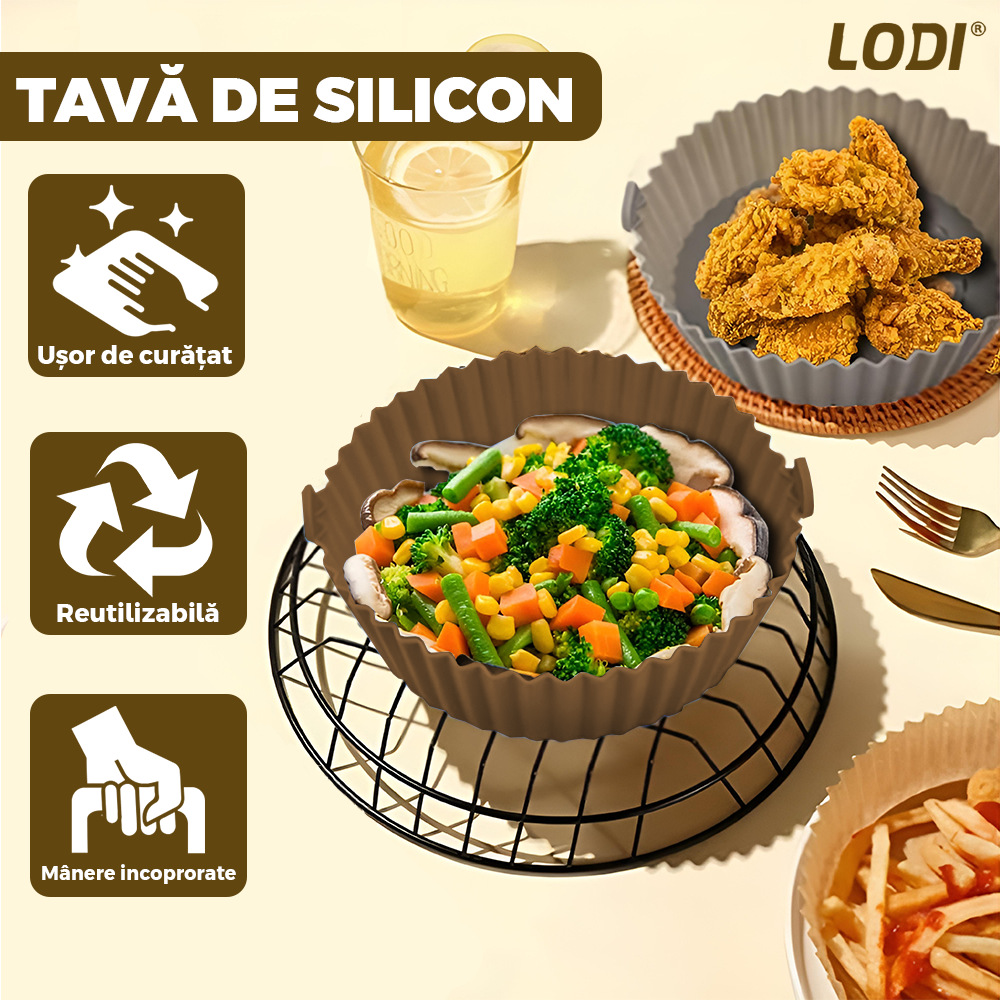 Tava de Copt Rotunda Lodi1310, pentru friteuza/cuptor/microunde, antiaderenta, rezistenta la temperaturi inalte, 21 x 17 cm, maro