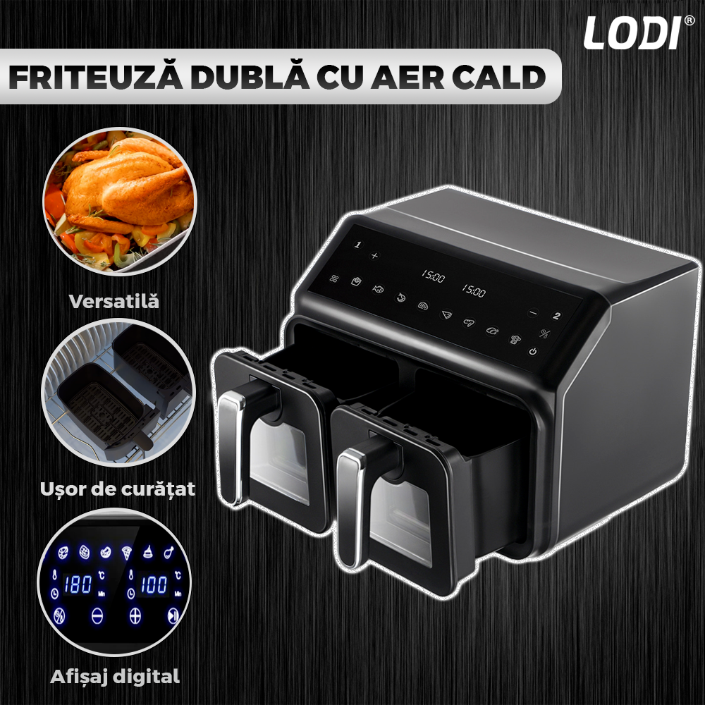 Friteuza Dubla Fara Ulei Air Fryer Lodi1067, tehnologie smart sensing, programe smart chef automate, afisaj digital, capacitate 10 L, tehnologie de eliminare a grasimii, functie de pastrare la cald,tensiune alimentare 240 V, culoare negru
