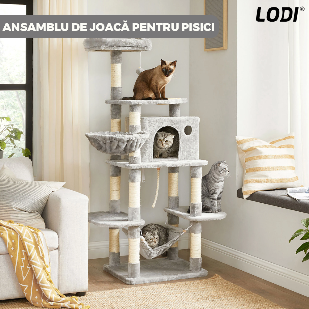 Ansamblu de Joaca pentru Pisici Lodi625, tip turn,1 platforma de observatie, 4 niveluri, 1 casuta, scara, hamac, franghie si mingiuta de joaca, stalpi pentru zgariat, captuseala extra moale, structura stabila, 164 cm, gri deschis