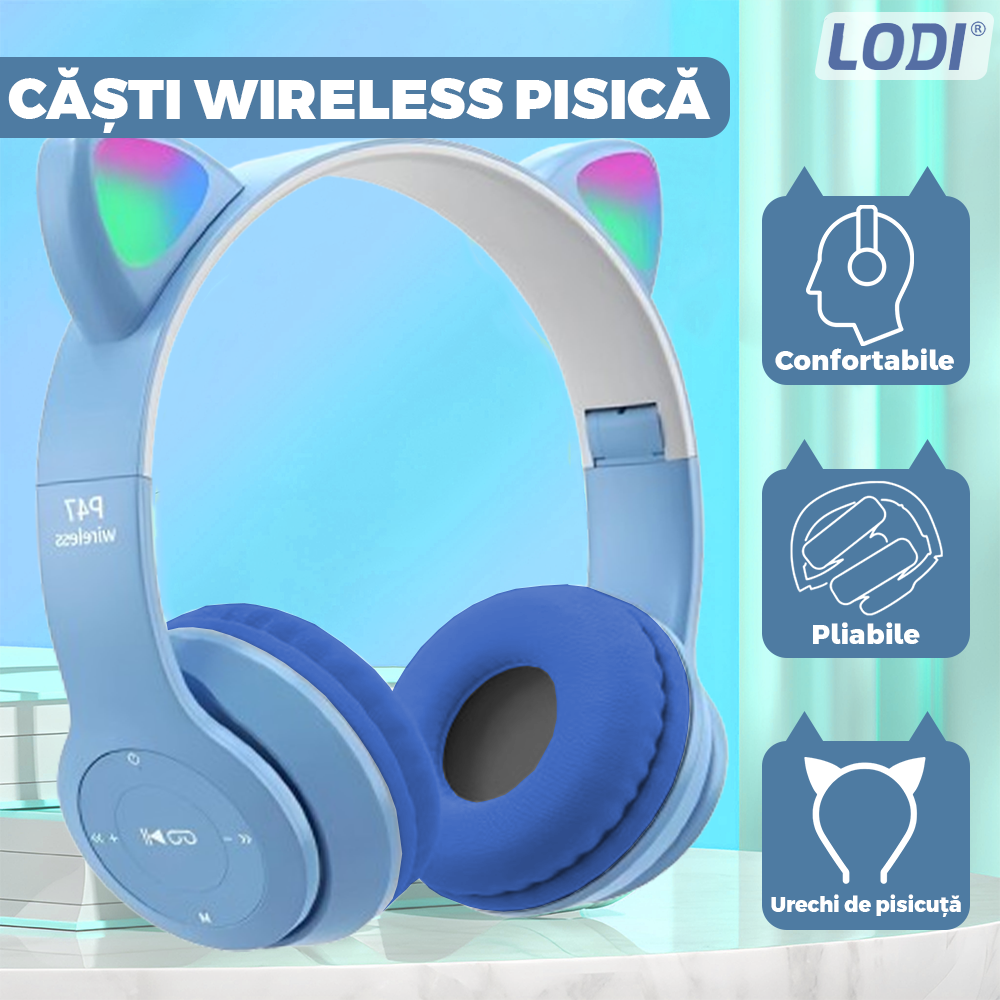Casti Wireless Model Pisica Lodi955, P47M, overear, urechi de pisica cu iluminare RGB, bluetooth 5.0, handsfree, HiFi, bass stereo, albastru deschis