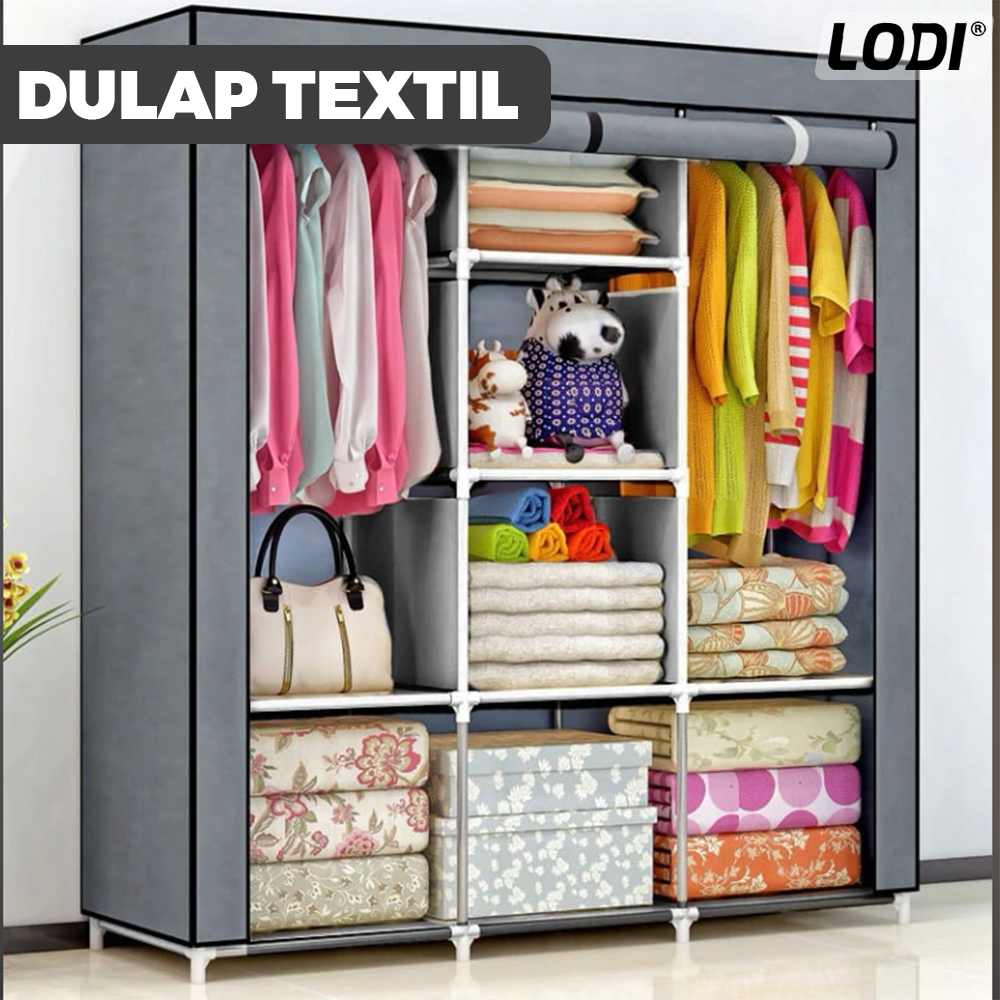 Dulap din Material Textil pentru Haine si Incaltaminte Lodi423, impermeabil, 8 rafturi, inchidere fermoar, suport umerase, cadru otel, 170 cm, gri