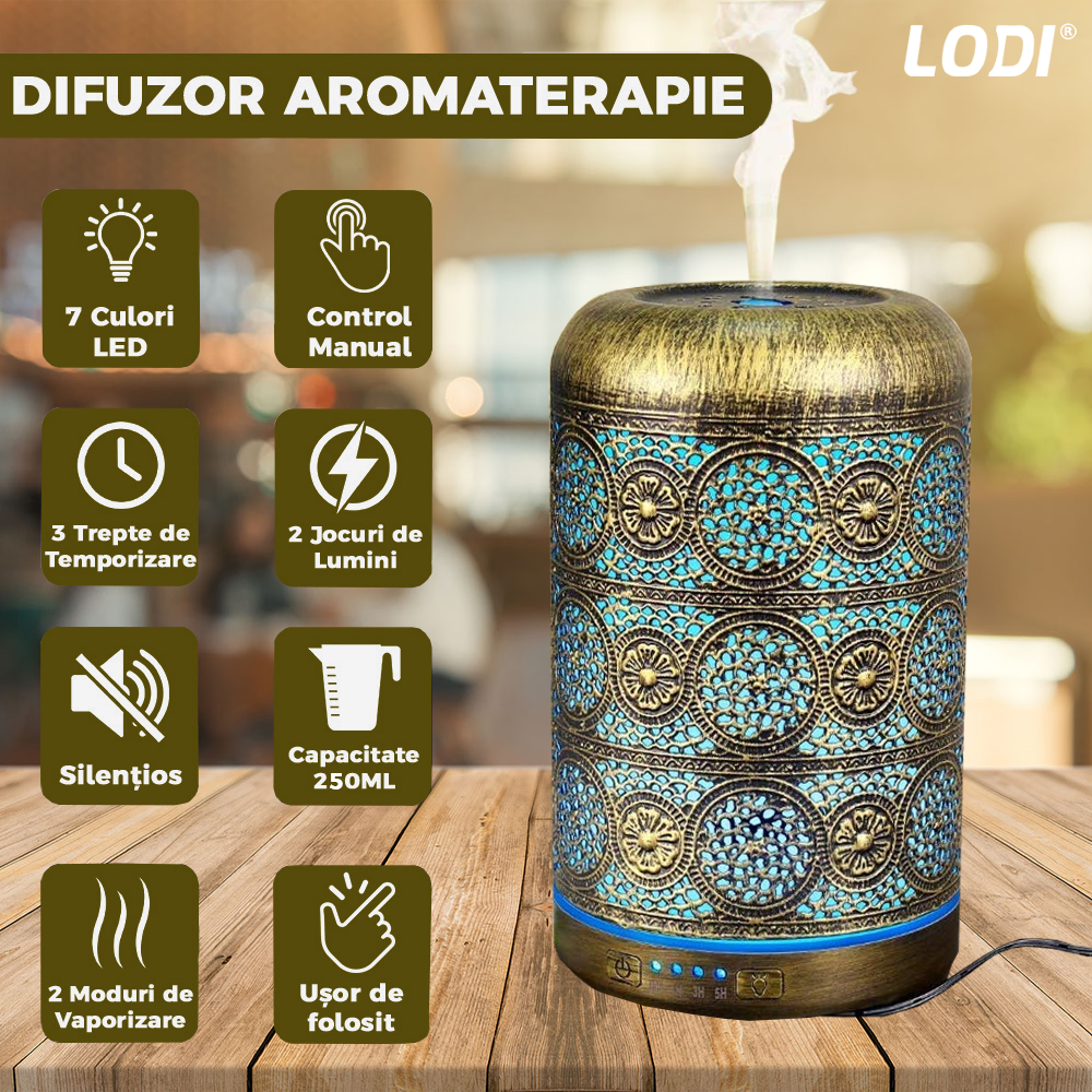 Difuzor Aromaterapie Lodi605, din metal, design vintage, 7 culori LED, 2 jocuri de lumini, capacitate 250ml, silentios, umidifica aerul, bronz