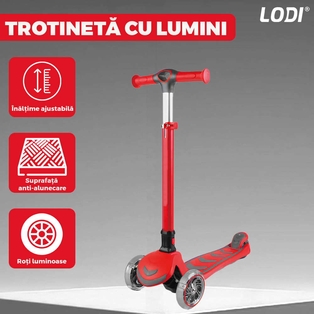 Trotineta pentru Copii cu Lumini Lodi1049, 3 roti, pliabila, anti-aluncare, inaltime ajustabila, stabila, frana, incorporata, 3-11 ani, rosu