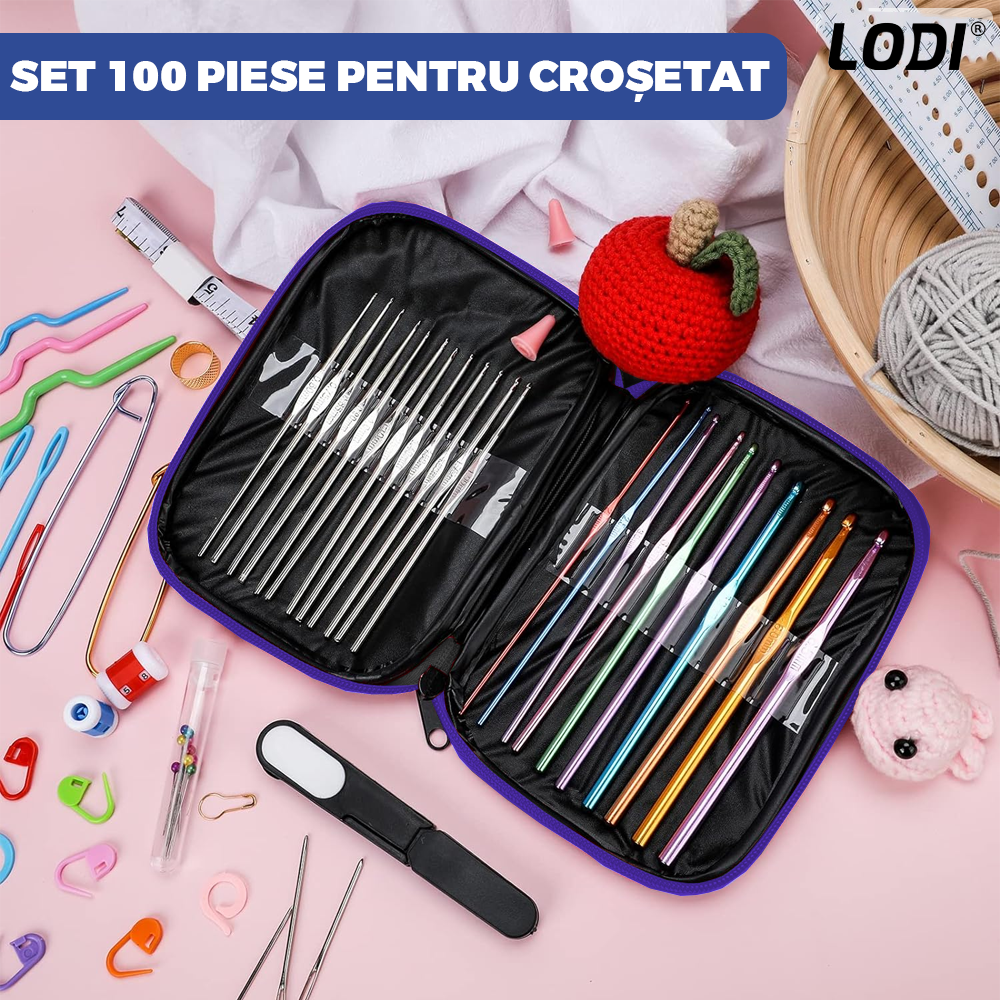 Set Profesional de Crosetat Lodi664, 100 de piese, 12 andrele subtiri argintii, 10 andrele groase multicolore, foarfeca, rigla si accesorii pentru tricotat, husa de depozitare, albastru