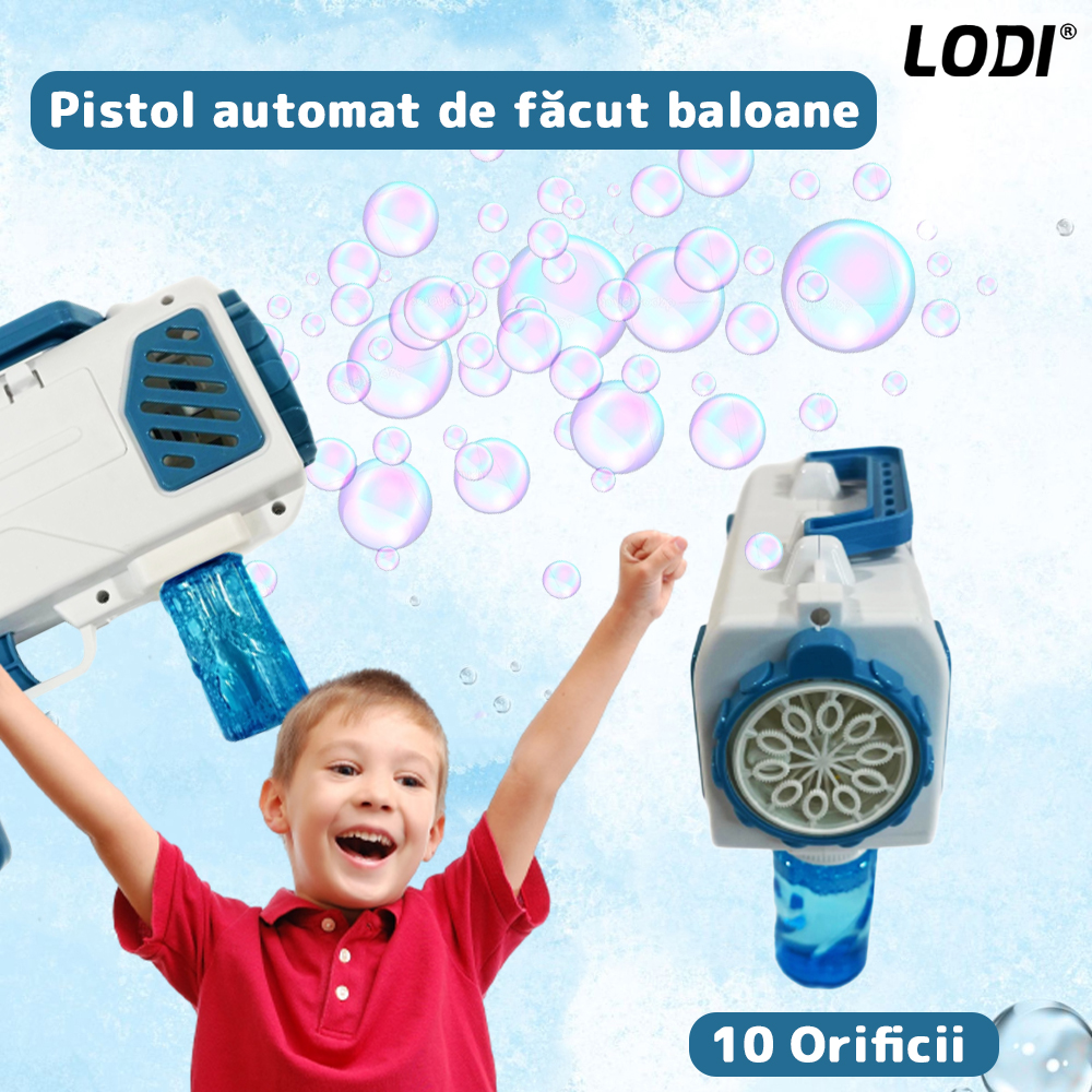 Pistol de Facut Baloane Bubble Gun Lodi66, tip Bazooka, automat, 10 orificii pentru bule, 2 rezerve incluse, alimentare cu baterii, alb/albastru