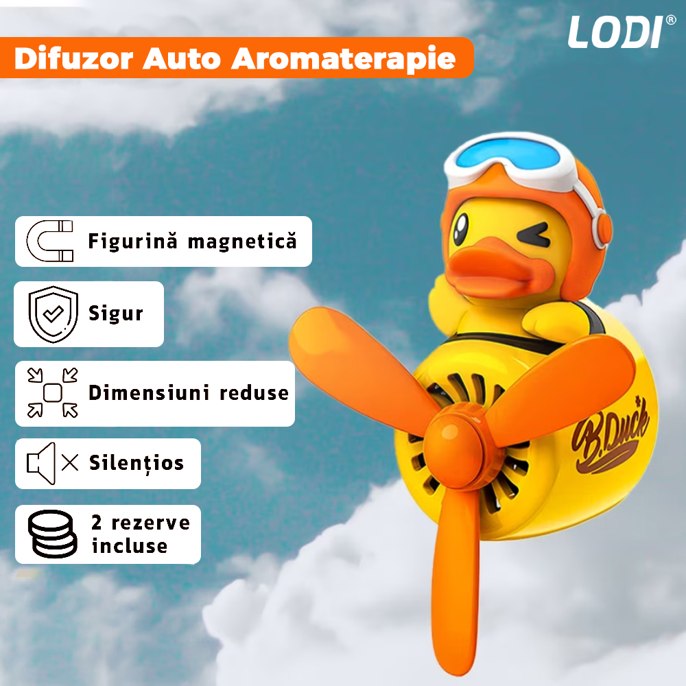 Difuzor Auto Aromaterapie Lodi336 car pilot yellow duck, kit odorizant, 2 arome cu extracte naturale incluse