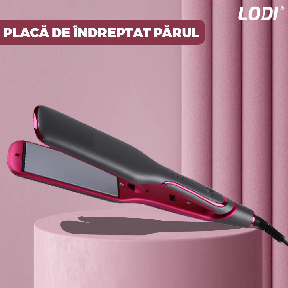 Placa profesionala de indreptat parul Lodi455, invelis ceramic, 5 trepte de temperatura, easy lock, setarea temperaturii, 230°, roz