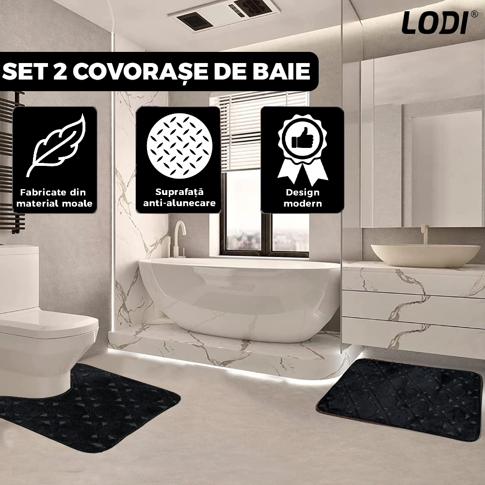 Set 2 Covorase de Baie Lodi1017, anti-derapante, material moale, design modern, model trifoi, 80x50 & 50x40cm, negru