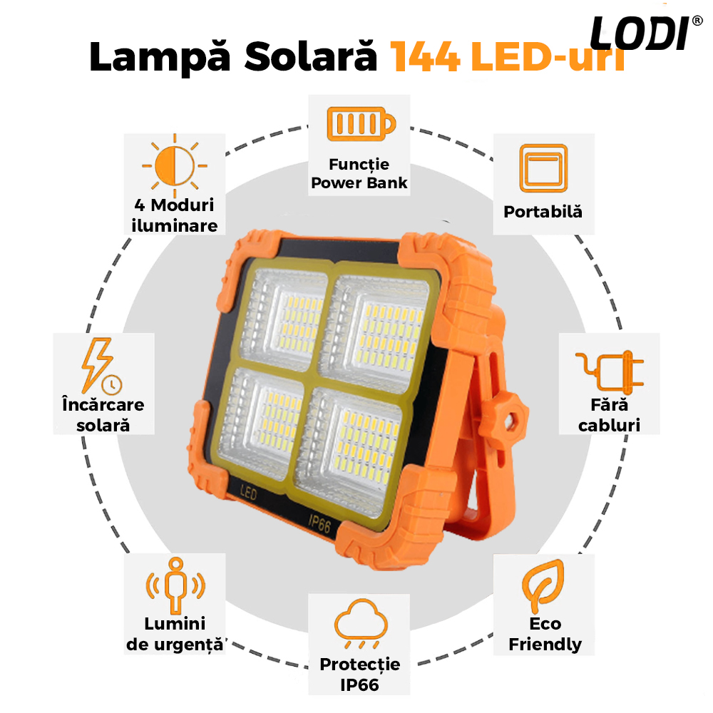 Lampa Solara 144 LED-uri Lodi268, 4 moduri de iluminare, protectie IP66, lumini de urgenta, power bank, portabila, Waterproof, exterior, portocaliu