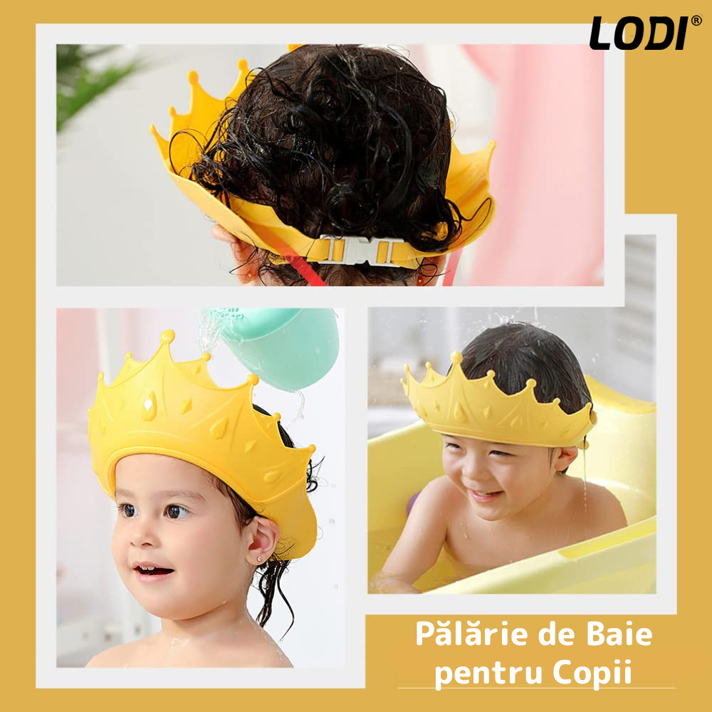 Palarie de Baie pentru Copii Lodi217, protectie impotriva samponului pentru ochi si urechi, reglabila, forma coroana rege/regina, galben