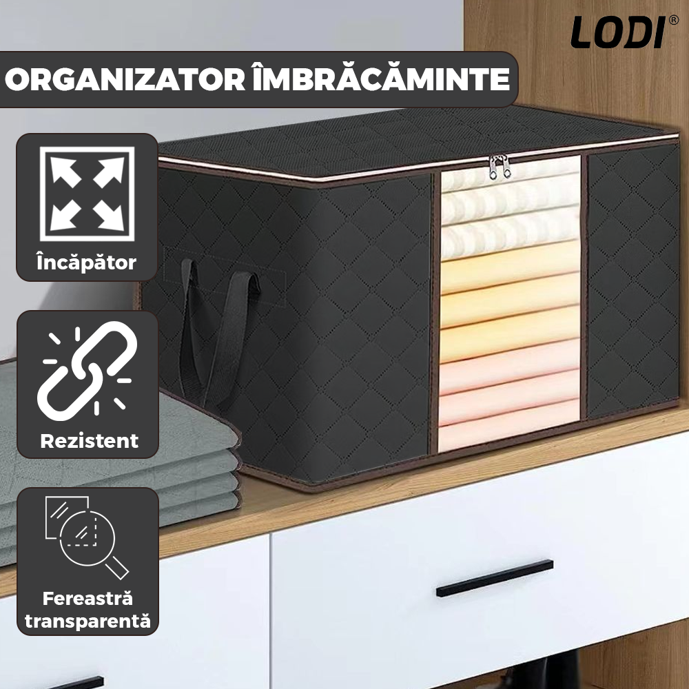 Cutie Depozitare si Organizare Mica Lodi1024, pliabila, maner ranforsat si fereastra transparenta, pentru haine/paturi/ plapumi/ perne/ lenjerii de pat/jucarii, 60L, 46x 48x 28 cm, negru