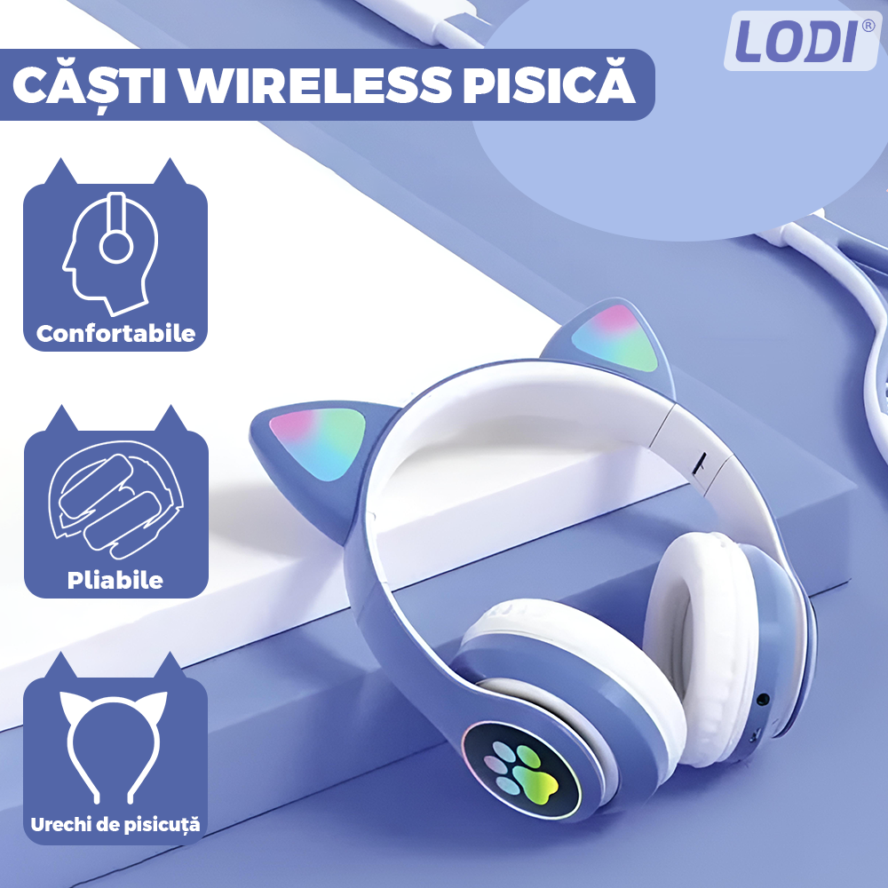 Casti Wireless Model Pisica Lodi946, STN-28, overear, urechi de pisica cu iluminare RGB, bluetooth 5.0, handsfree, HiFi, bass stereo, albastru