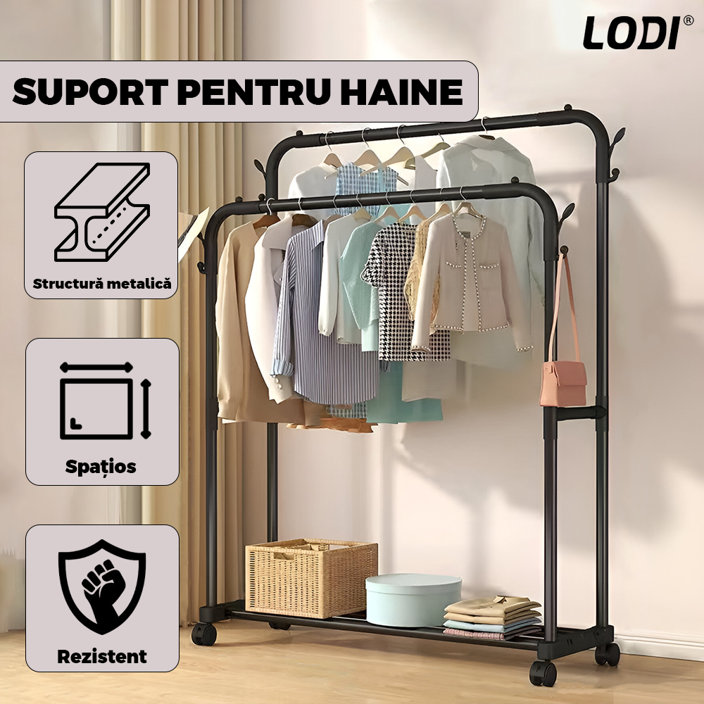 Suport pentru Umerase Lodi1243, haine/pantofi/genti, capacitate ridicata, mobil, roti cu frana incorporate, cuiere laterale, metal, 150 x 96 x 45 cm, negru