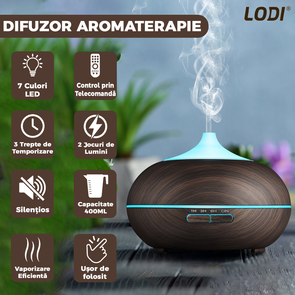 Difuzor Aromaterapie Lodi212, 7 culori LED, 2 jocuri de lumini, control prin telecomanda, capacitate 500ml, silentios, umidifica aerul, stejar inchis