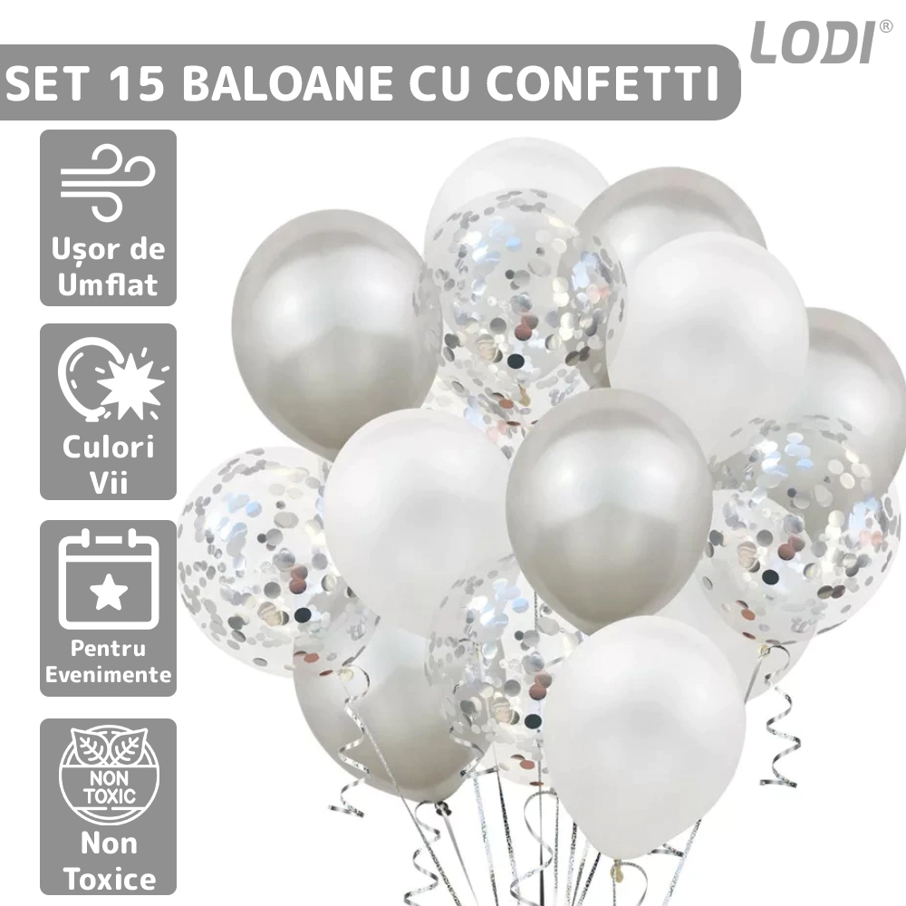 Set 15 Baloane Lodi260, Confeti, pentru Petreceri/Aniversari/Evenimente, o singura dimensiune, 3 culori, latex, argintiu/alb/transparent