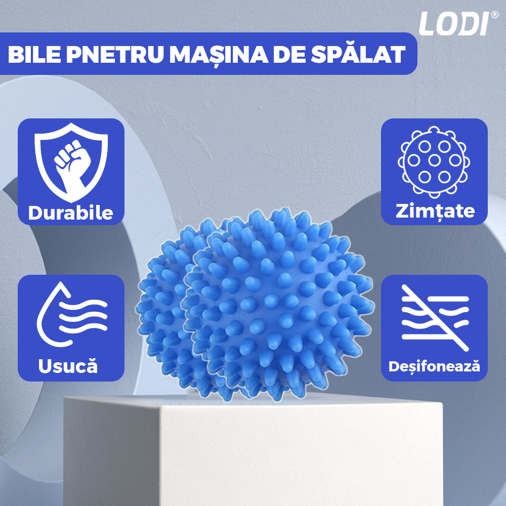 Set 4 Bile pentru Masina de Spalat si Uscator Lodi657, reduc timpul de uscare al hainelor, ajuta impotriva sifonarii si incurcarii hainelor, previn incarcarea statica, compacte, reutilizabile, albastru