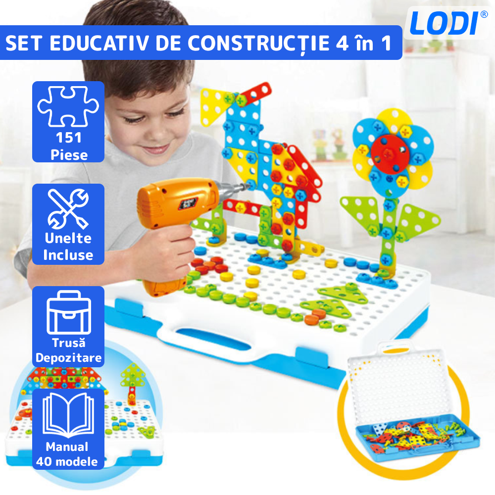Jucarie Educativa si Interactiva 4in1 Lodi511, 151 piese, bormasina pentru inginerie, pentru fete si baieti, manual inclus, puzzle 3D/2D, dezvoltare STEM, montessori, multicolor