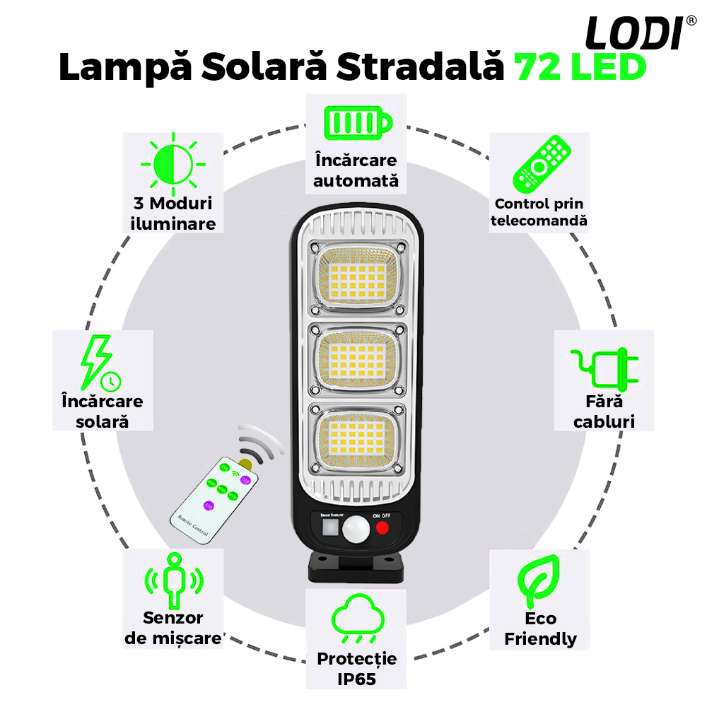 Lampa Solara Stradala 72 LED-uri Lodi883, control prin telecomanda, senzor de miscare, 3 moduri de iluminare, protectie IP65, Waterproof, exterior, negru