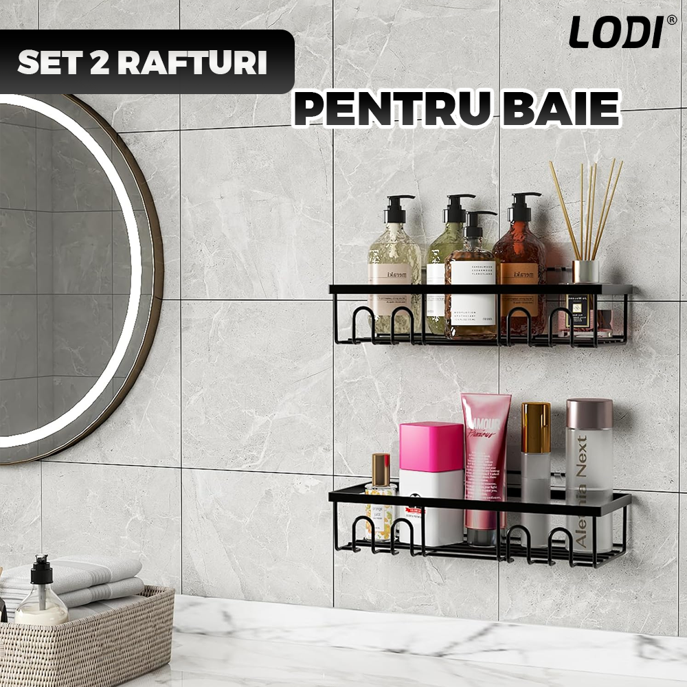 Set 2 Rafturi pentru Dus Lodi1265, depozitare si organizare, baie/bucatarie, otel inoxidabil, montare adeziva, rezistenta ridicata, cuiere incorporate, suporturi inalte, negru