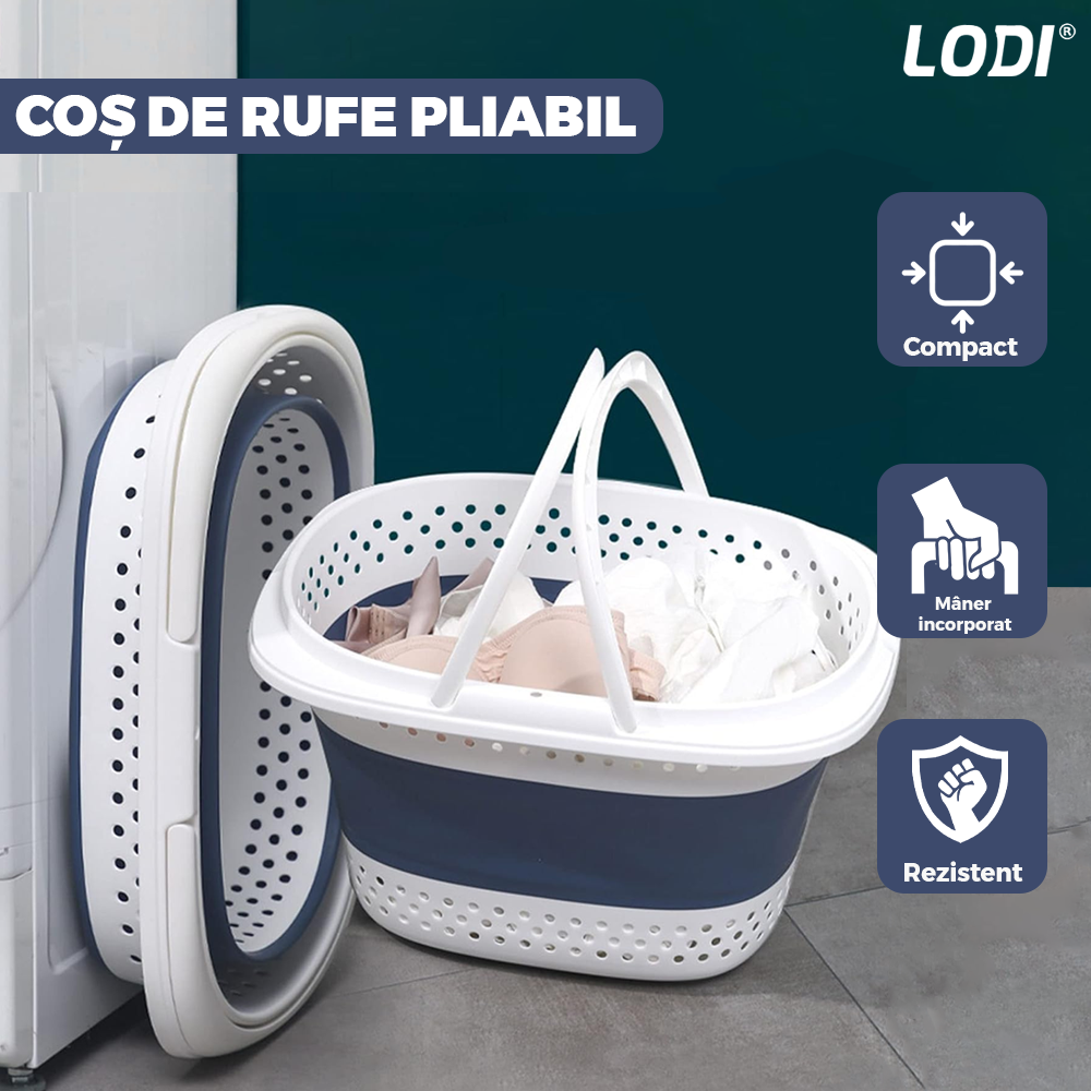 Cos de Rufe Pliabil cu Manere Lodi667, organizare si depozitare, multifunctional, compact, 42 litri, 50 x 38 x 29 cm, albastru