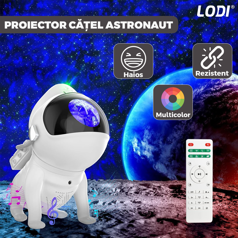 Proiector de Stele Catel Astronaut Lodi548, lampa de veghe pentru copii, reglare 360, sunete albe, trepte de ajustare luminozitate, timer, 15 moduri de iluminare, speaker bluetooth, alb