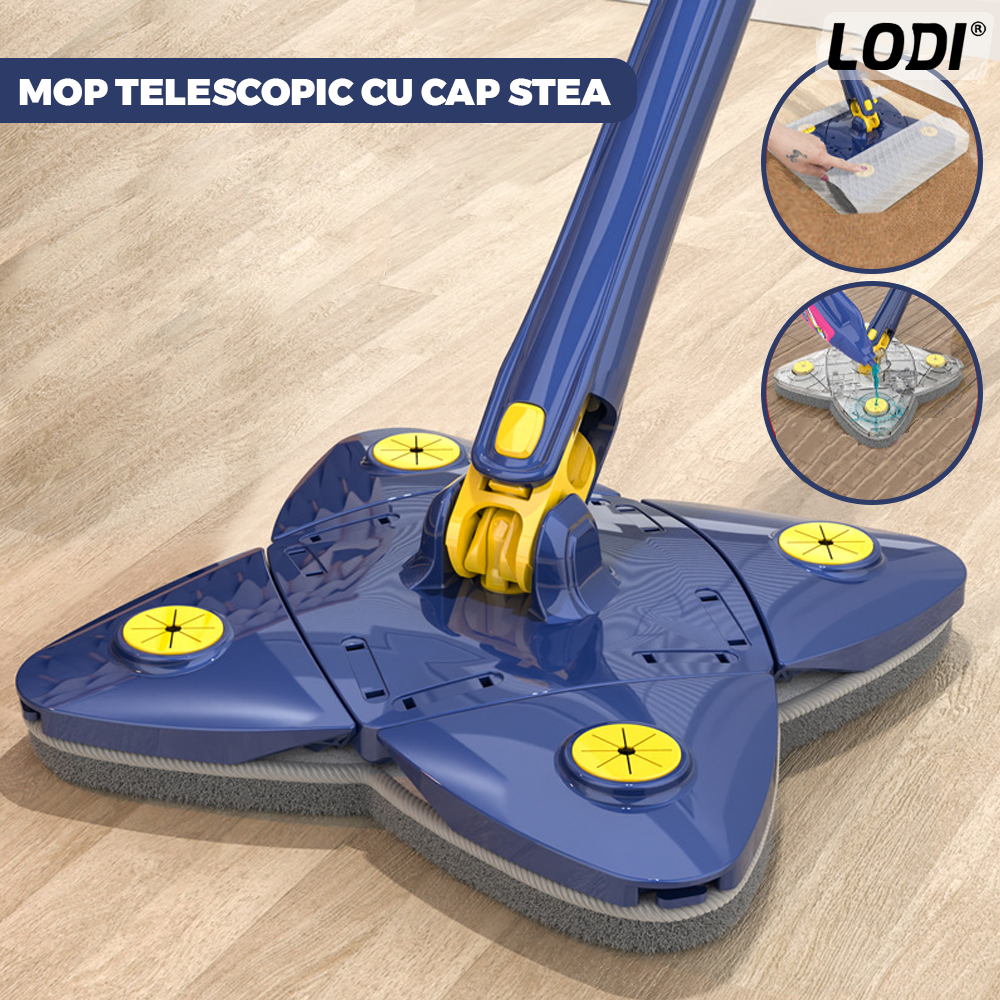 Mop cu Cap in Forma de Stea Lodi552, rotire 360 grade, telescopic, curatare usoara, 4 lavete incluse, 123 cm, albastru/galben