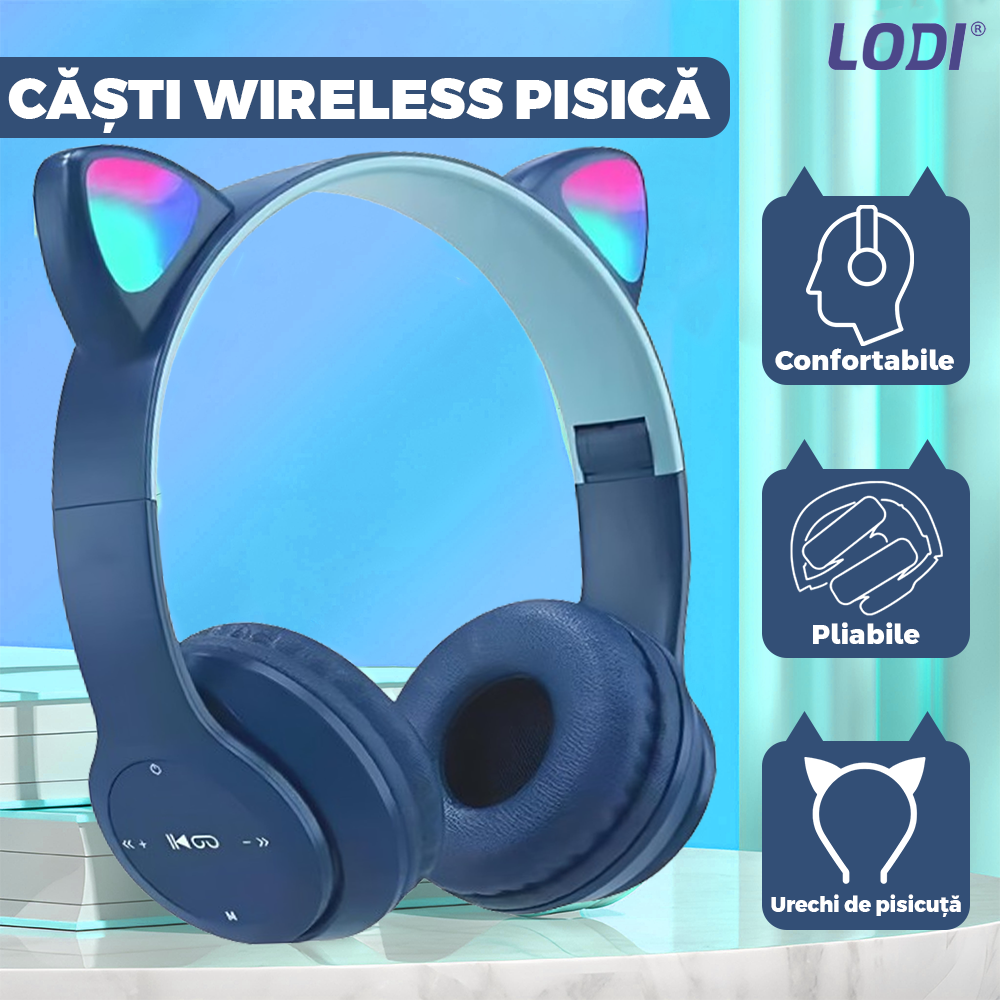Casti Wireless Model Pisica Lodi954, P47M, overear, urechi de pisica cu iluminare RGB, bluetooth 5.0, handsfree, HiFi, bass stereo, albastru inchis