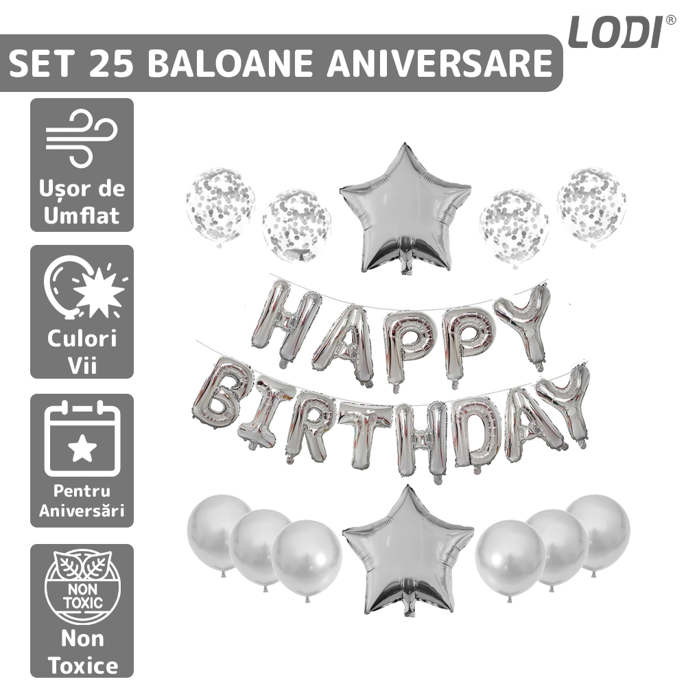 Set 25 Baloane Lodi718, Litere, pentru Petreceri/Aniversari/Evenimente, confetti, stelute, model HAPPY BIRTHDAY, argintiu