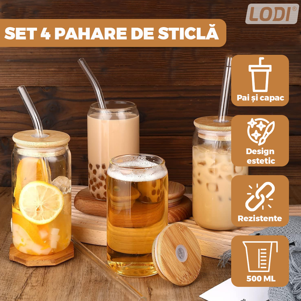 Set 4 Pahare de Sticla cu Capac si Pai Lodi1005, sticla borosilicata, perie pentru curatare inclusa, capac din bambus, design modern, termorezistente, capacitate 500 ml, 15 cm