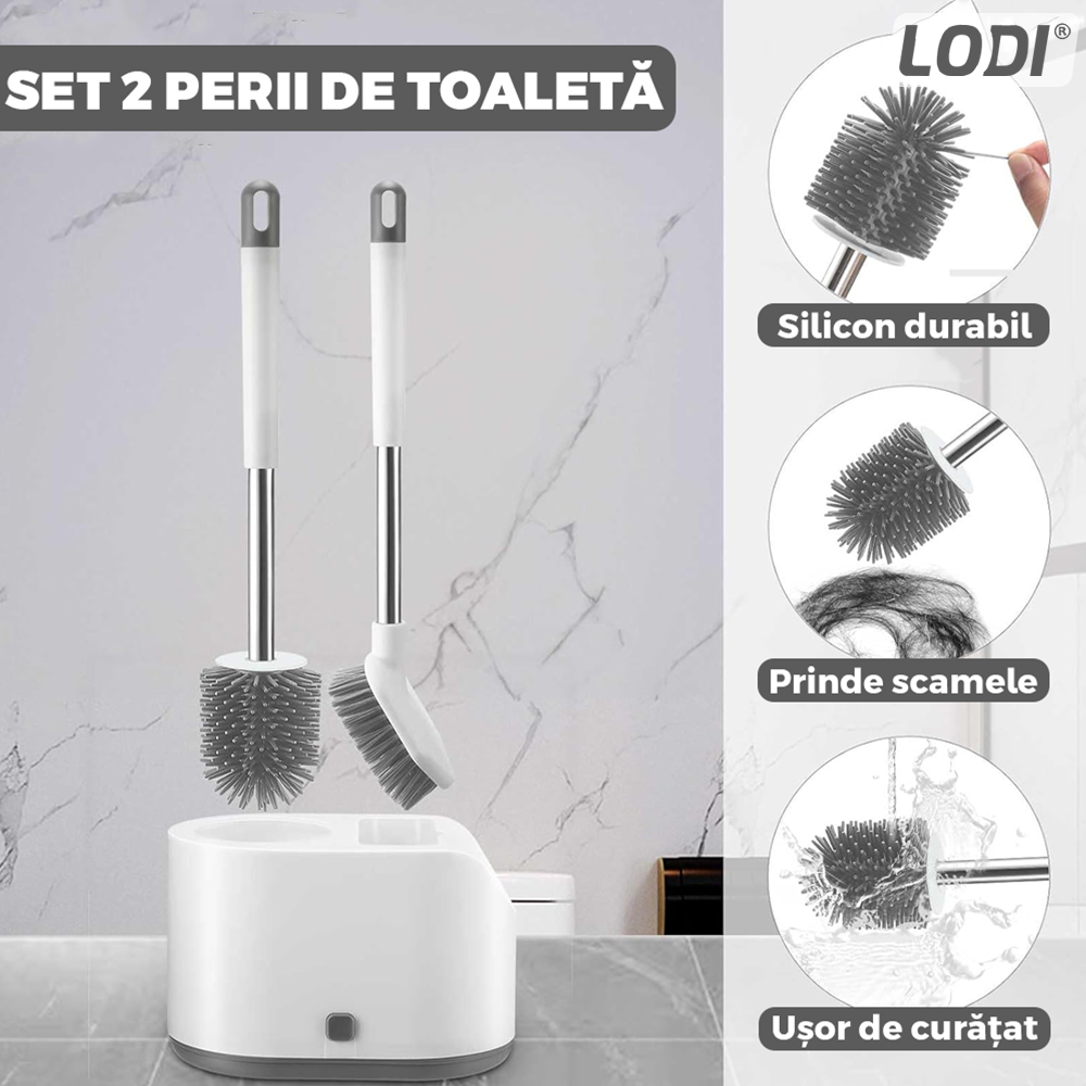Set 2 Perii pentru Toaleta Lodi1107, perie de silicon, perie zimtata, cap flexibil, suport adeziv pentru montarea pe perete, curata orice tip de suprafata, alb/gri