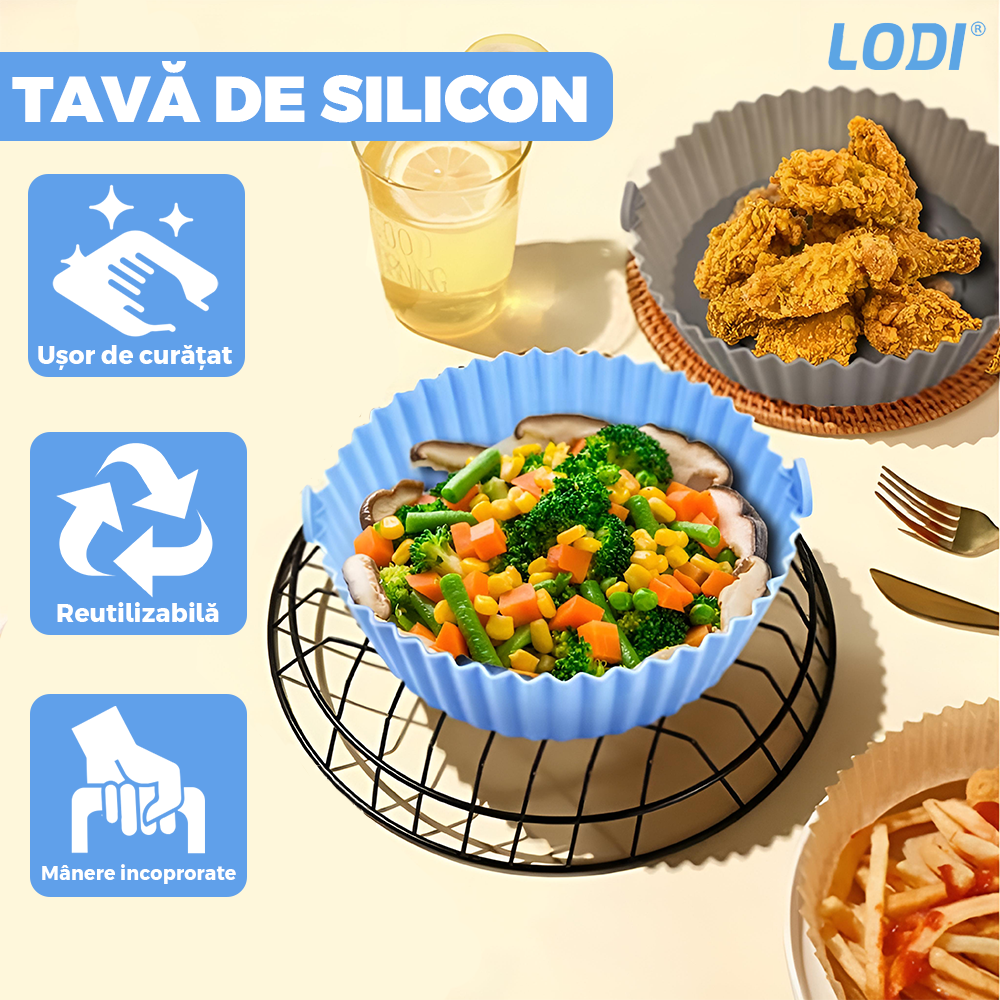 Tava de Copt Rotunda Lodi987, pentru friteuza/cuptor/microunde, antiaderenta, rezistenta la temperaturi inalte, 21 x 17 cm, albastru