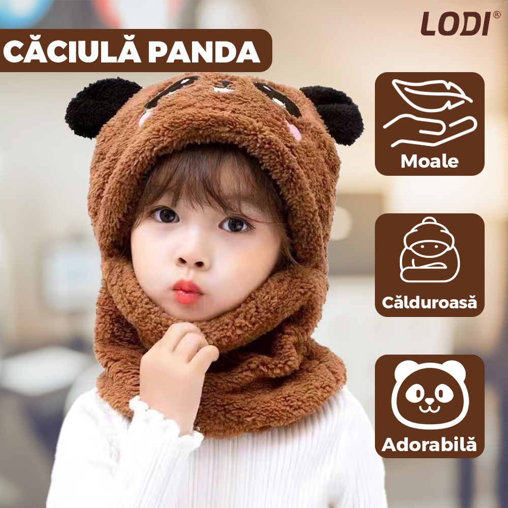 Caciula Pentru Copii Tip Cagula Lodi521, 2 in 1, tematica lumea animalelor, model ursulet panda zambitor, 1-5 ani, maro