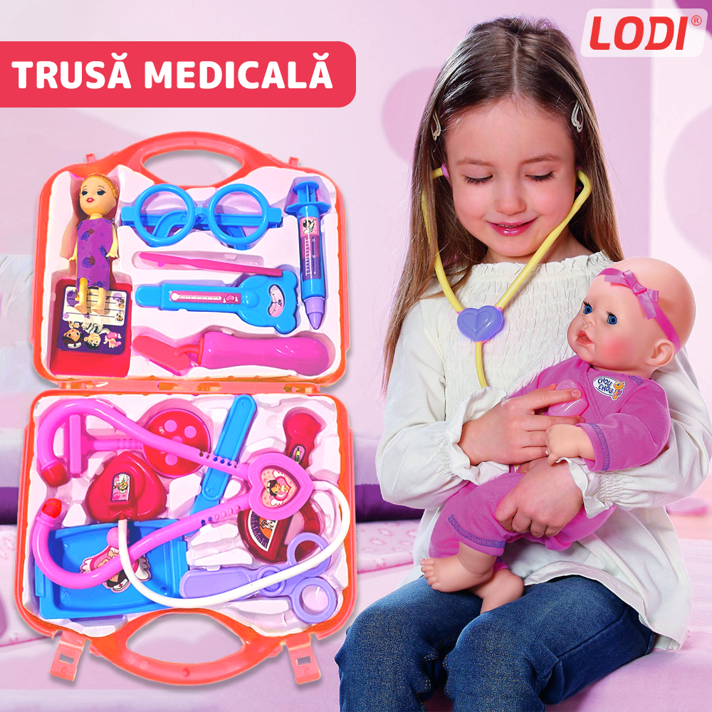 Set Trusa Medicala Asistenta Doctor Lodi481, joc de rol, 13 accesorii si cutie penntru depozitare, mini pacient, 37.5 x 21 cm, rosu